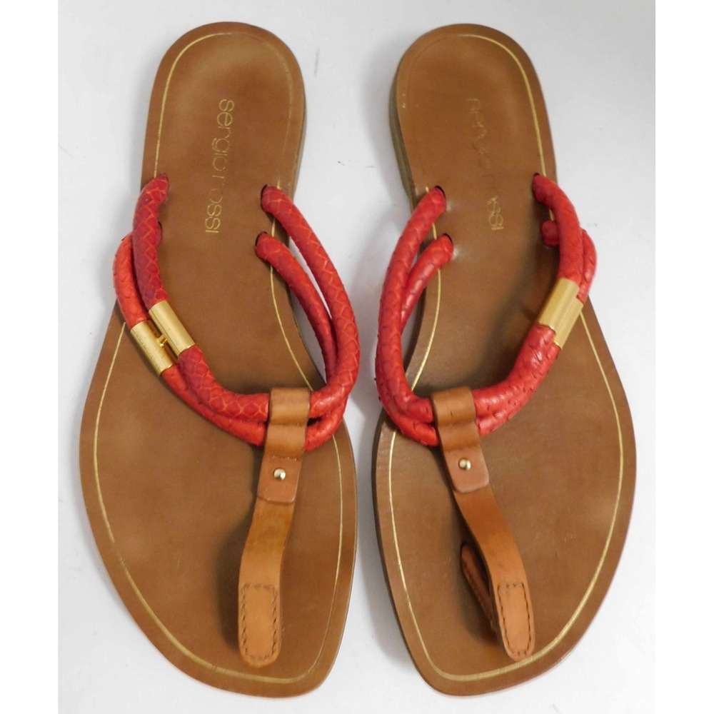 Sergio Rossi Red Leather T-Strap Thong Flat Sandals sz 35.5